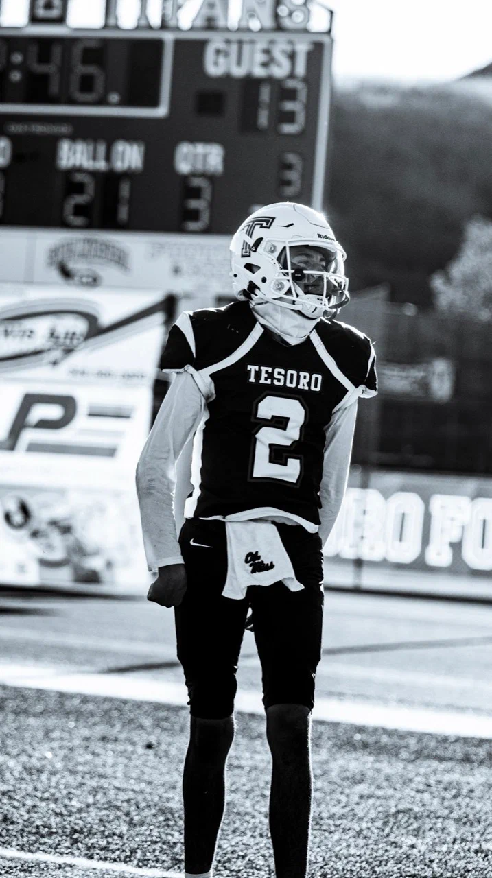 Black-and-white portrait of Jayden Hansen in Tesoro’s number 2 uniform — 2025 freshman season